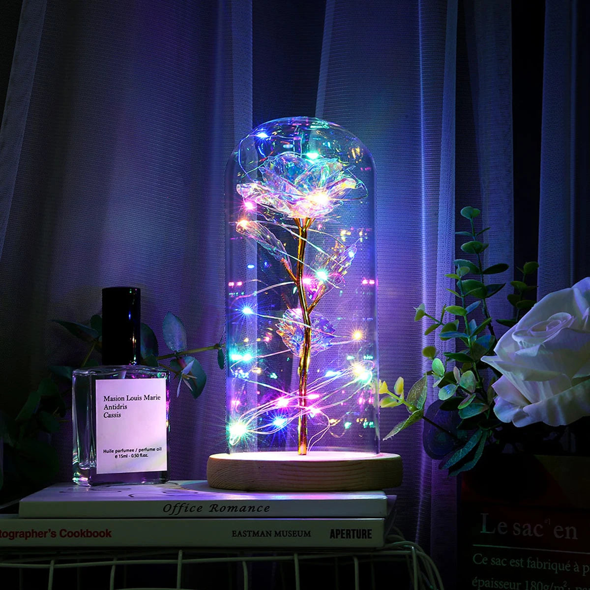 Galaxy Rose Lamp with Butterfly and Colorful LED Rose Flowers In Glass Battery Powered Gifts for Wedding