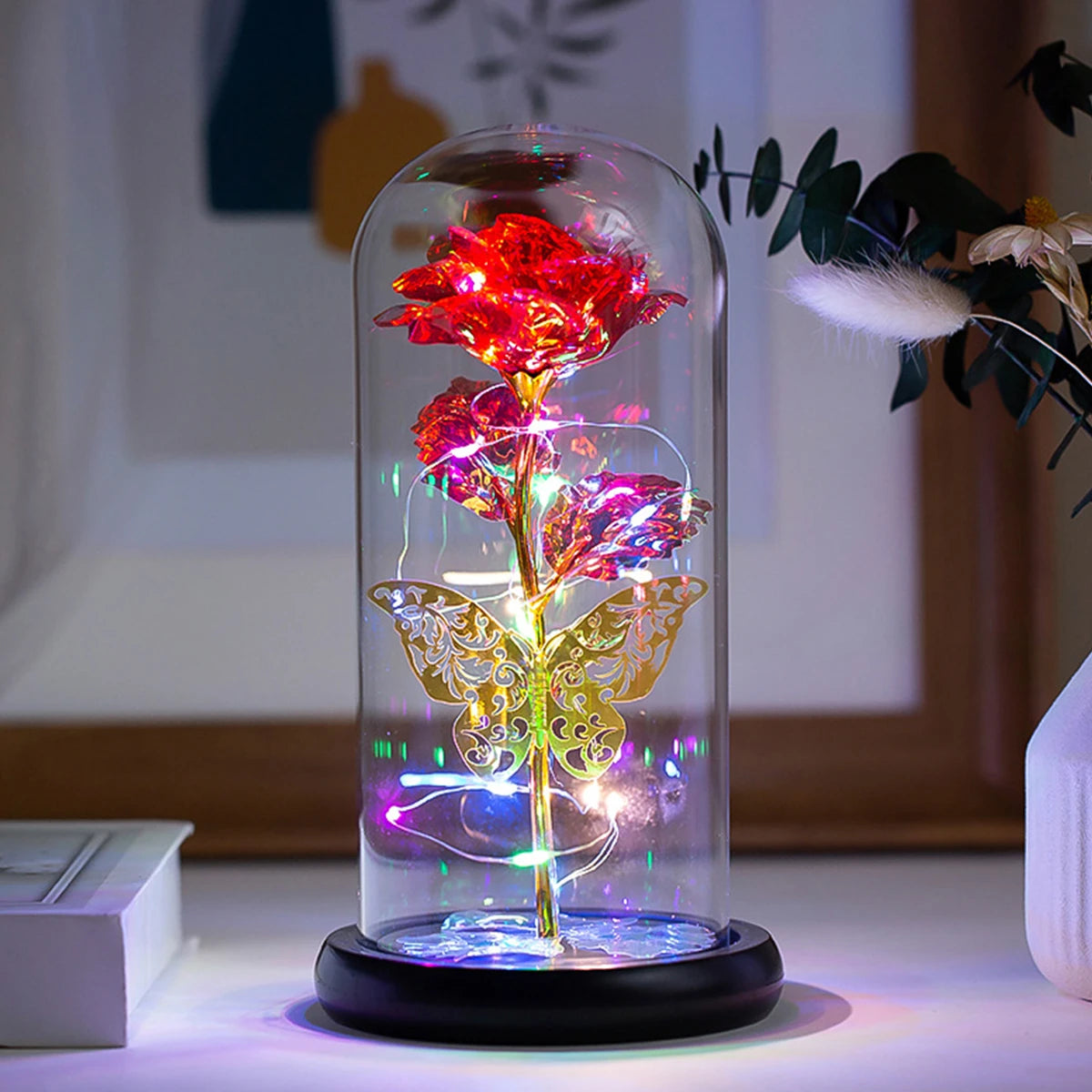 Galaxy Rose Lamp with Butterfly and Colorful LED Rose Flowers In Glass Battery Powered Gifts for Wedding