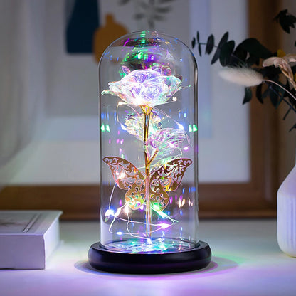 Galaxy Rose Lamp with Butterfly and Colorful LED Rose Flowers In Glass Battery Powered Gifts for Wedding