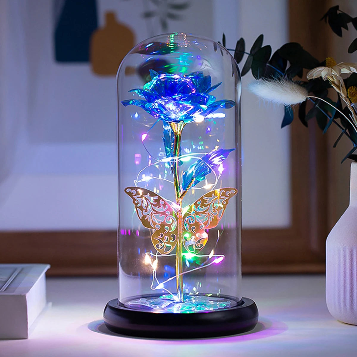 Galaxy Rose Lamp with Butterfly and Colorful LED Rose Flowers In Glass Battery Powered Gifts for Wedding